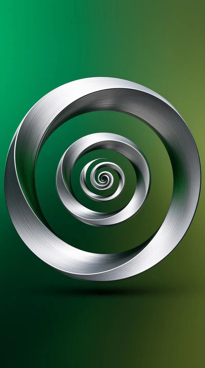 A continuous brushed silver ribbon forms a deep spiral shape centered on a smooth green background.