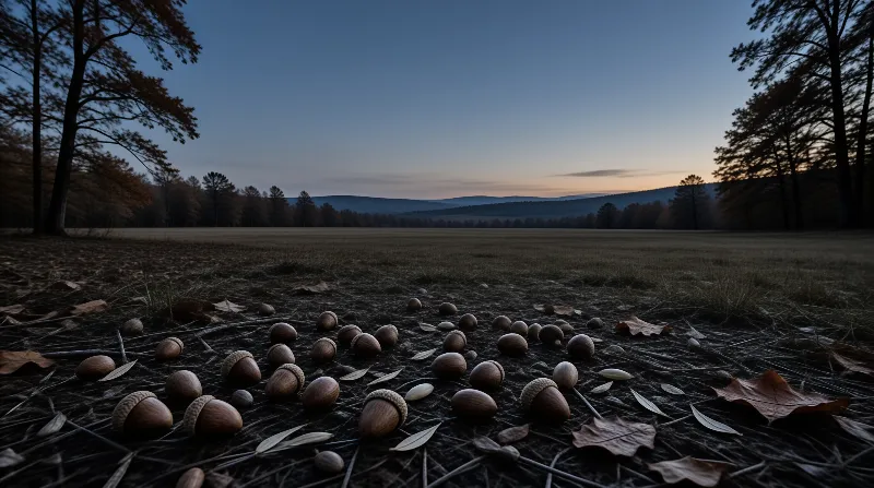 Acorns rest on dark earth in a quiet field as the sky fades into twilight above distant forested hills.