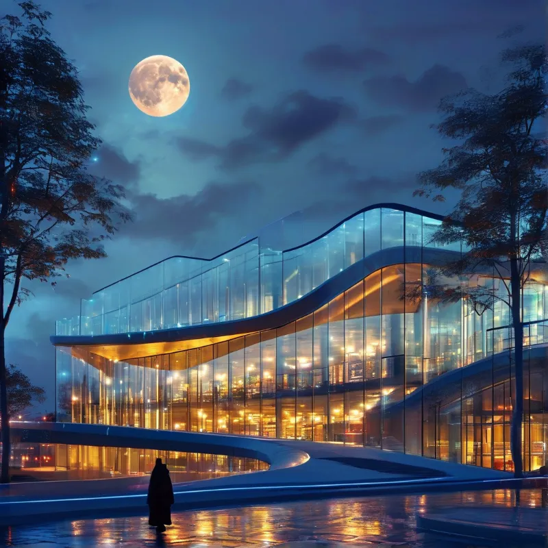 A curved glass building glows with warm lights beneath a full moon in a dark blue sky above a reflective surface.