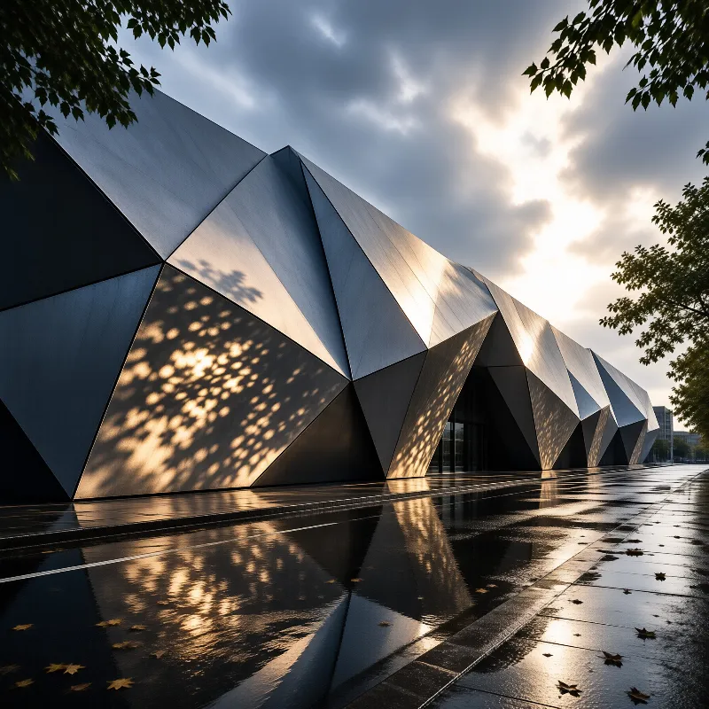 A sharp-edged silver building rises above a rain-slick plaza dappled with leaf shadows under a clouded sky.