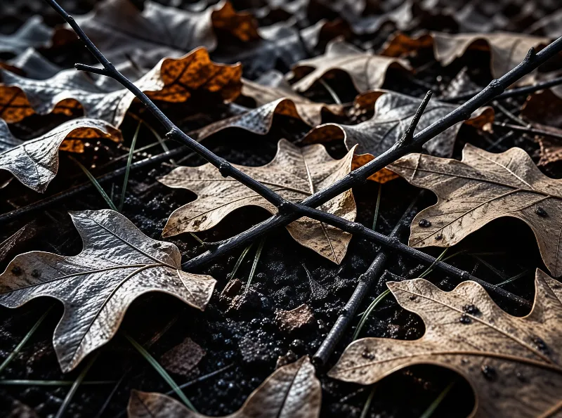 Curled brown oak leaves and slender dark branches rest upon rich black earth with soft natural lighting.