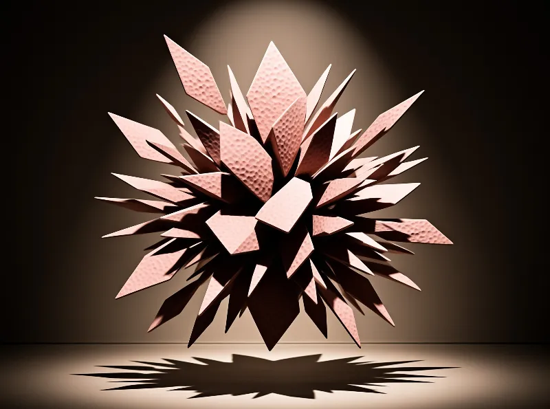 Hammered copper shards radiate outward like a burst, lit by a warm spotlight over a dark studio floor.