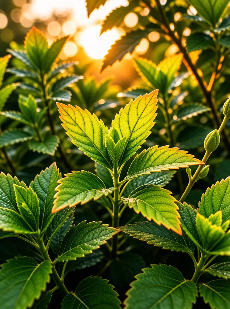 Toothed young leaves glow yellow-green as sunlight shines through their veins against a soft blur of dark foliage.