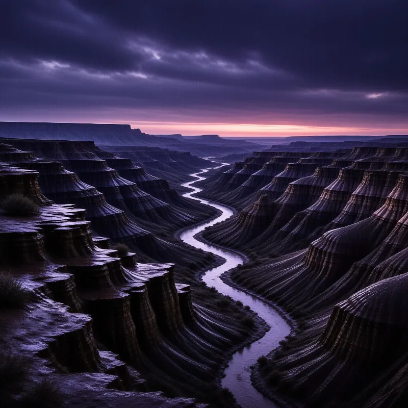 A winding river cuts through deep stratified rock layers beneath a vast purple sky lit by a thin pink sunset.