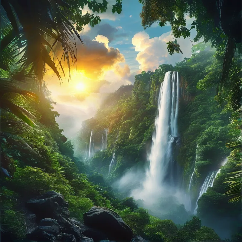 Sunlit Jungle Waterfalls