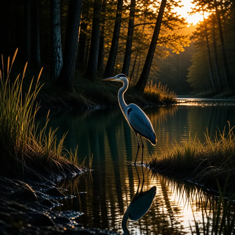 A large grey heron stands in calm water as golden sunset light shines through the surrounding forest trees.