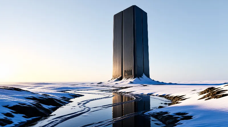 A tall dark rectangular tower rises from a snowy plain beside a winding river reflecting the pale blue sky.