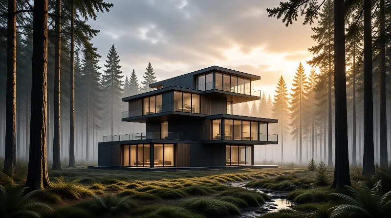 A dark villa with large windows sits in a misty pine forest as warm light illuminates the interior and surrounding trees.