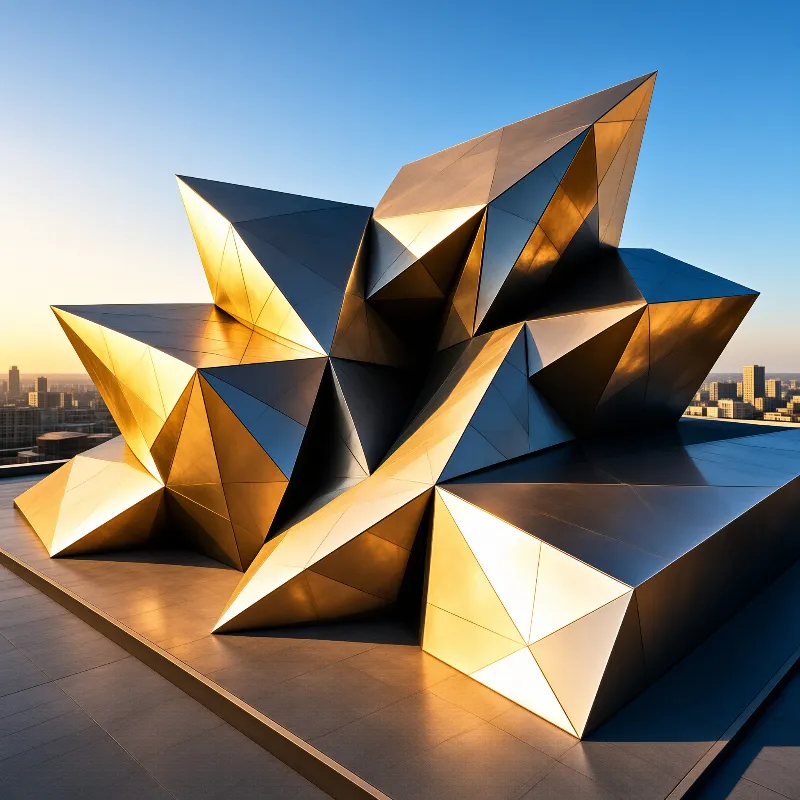 A large angular gold sculpture rests on a platform overlooking a city skyline under a clear blue sky at dusk.