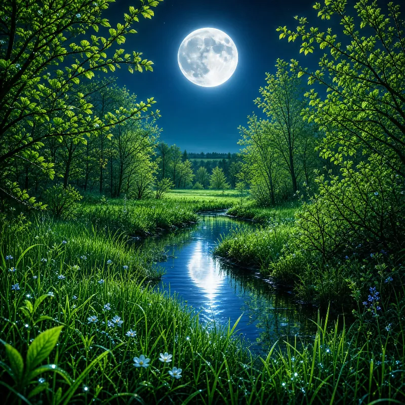 Moonlit River in Forest