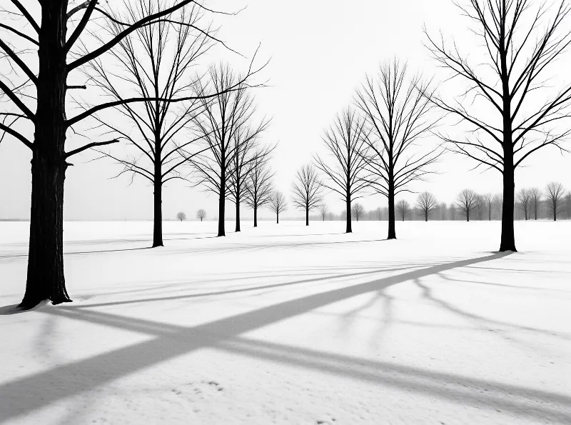 Leafless trees line parallel rows in deep snow while long shadows stretch across the white ground.