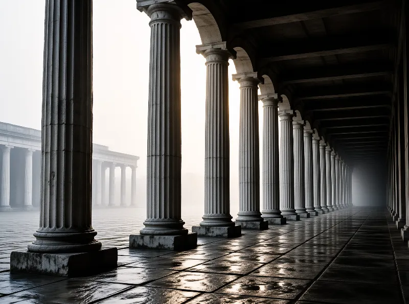 A row of ancient stone columns lines a wet walkway while fog obscures the distant background.
