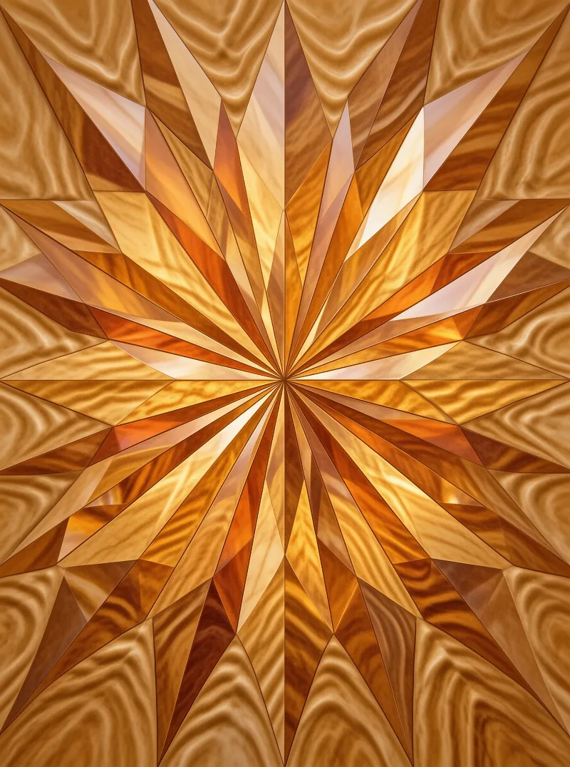 Golden triangular facets radiate from center, forming symmetrical crystalline starburst with warm polished surfaces.