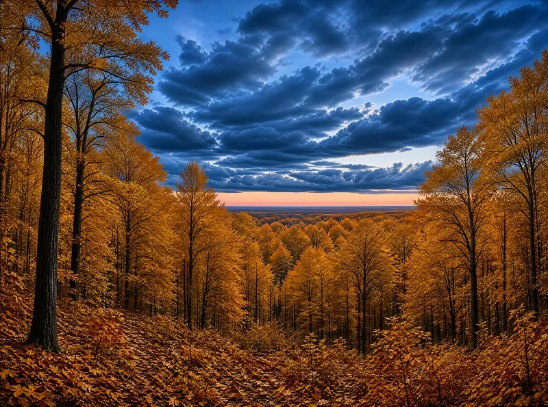 Golden Autumn Forest Under Dramatic Dusk Clouds