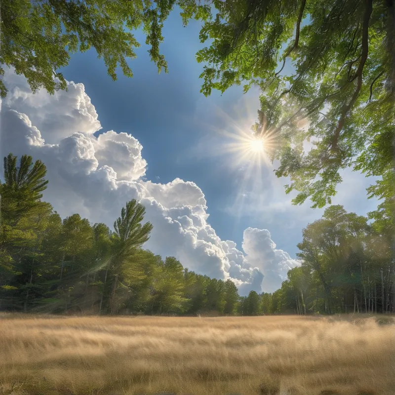 Looking up from a meadow towards a bright sun bursting through tree branches and large clouds.