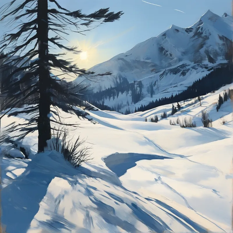 A dark pine stands in the foreground while low winter sun glows behind snowy mountains casting blue shadows across the valley