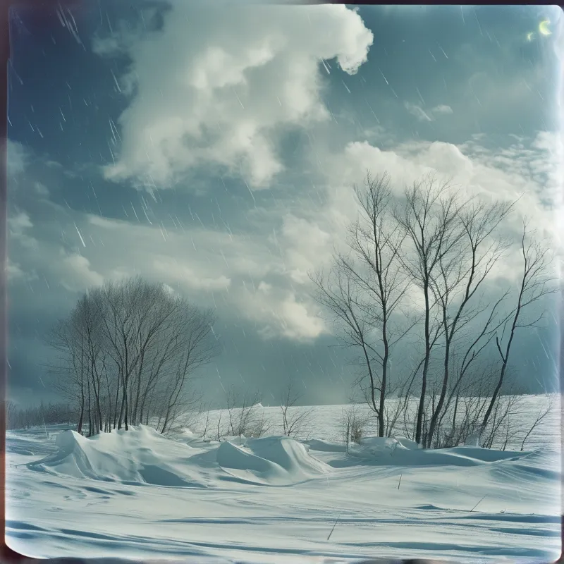 Two clusters of leafless trees stand on rolling snow beneath billowing clouds and a small crescent moon.