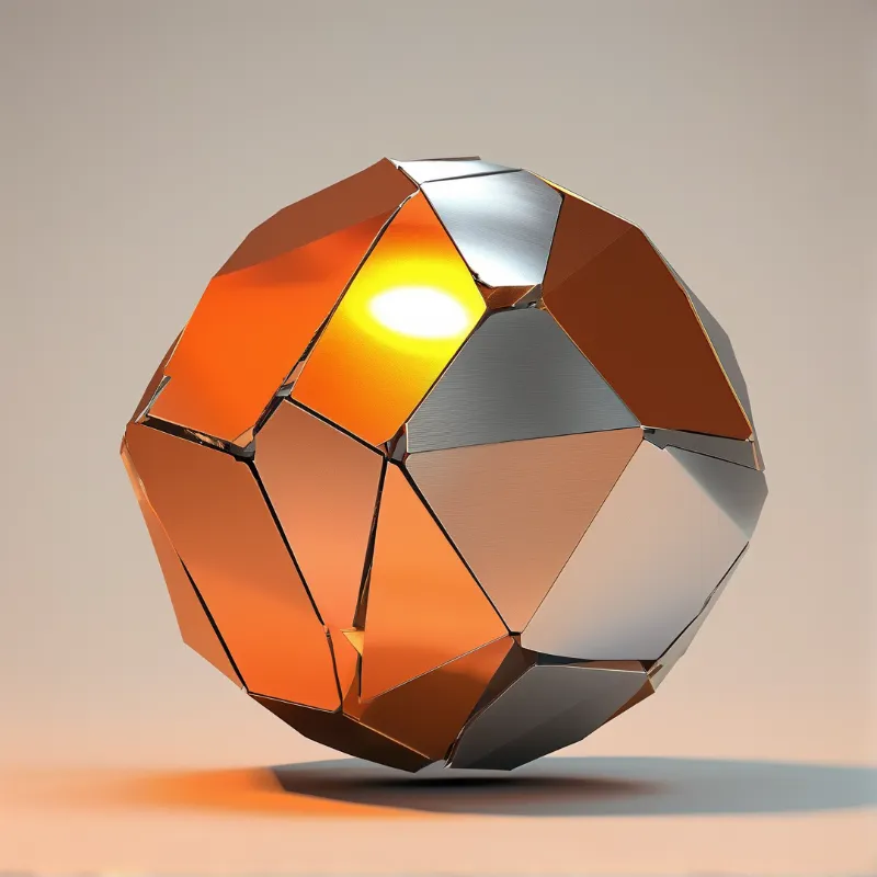 A geometric polyhedral object composed of shiny copper and chrome triangular panels sits on a smooth beige plane, featuring a bright yellow reflection on its upper left side and casting a soft shadow below.
