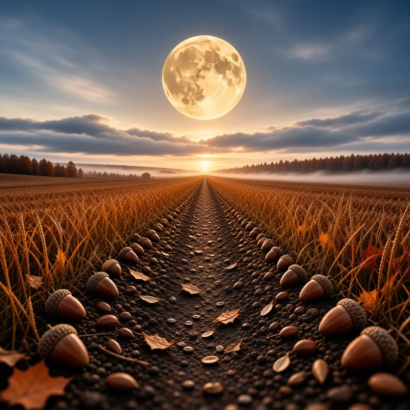 An acorn lined path stretches through a golden autumn field toward a glowing full moon at sunset