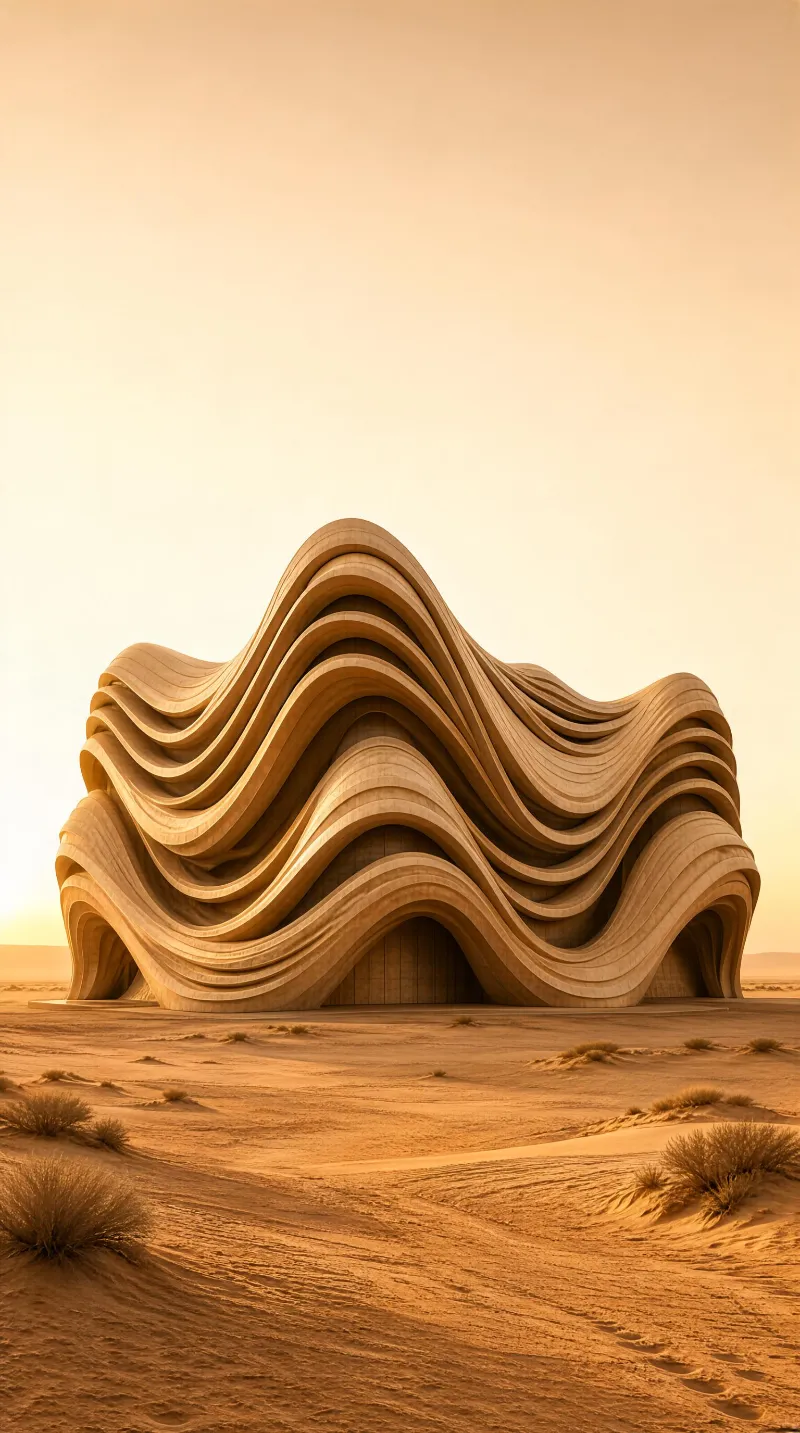 A layered, wavy concrete building stands in a vast desert under warm golden light, with sandy dunes and sparse vegetation around it.