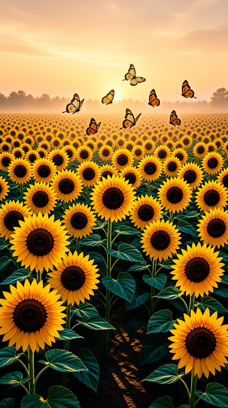 Rows of yellow sunflowers stretch toward the horizon where butterflies fly through the warm orange light of the sunset.