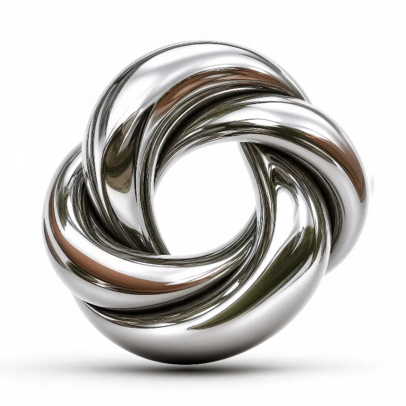 A shiny metallic knot sculpture with curved loops, displayed against a plain white background, reflecting light to create a polished, modern look.