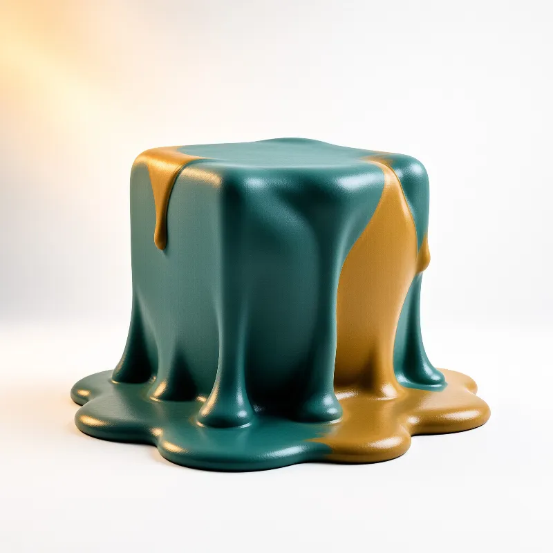 A glossy melting cube of teal and muted gold sits on a pale white surface with soft warm light falling from its upper left.