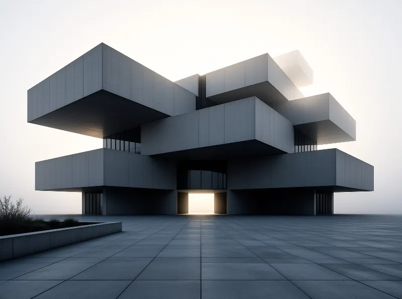 A gray geometric structure with stacked volumes stands on a tiled plaza while sunlight shines through the central entrance.