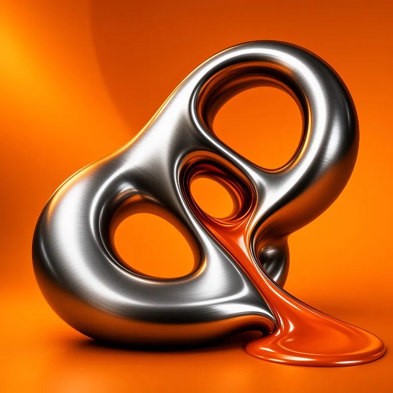 A brushed metal organic sculpture with hollow loops drips into glossy orange liquid on a warm backdrop