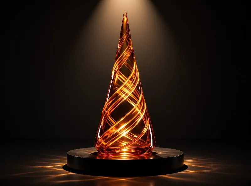 A tall twisted amber cone glows brightly on a black circular base in a dark room.