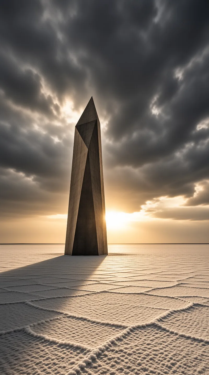 A tall faceted stone monolith casts a long shadow across a textured salt flat at golden sunset.