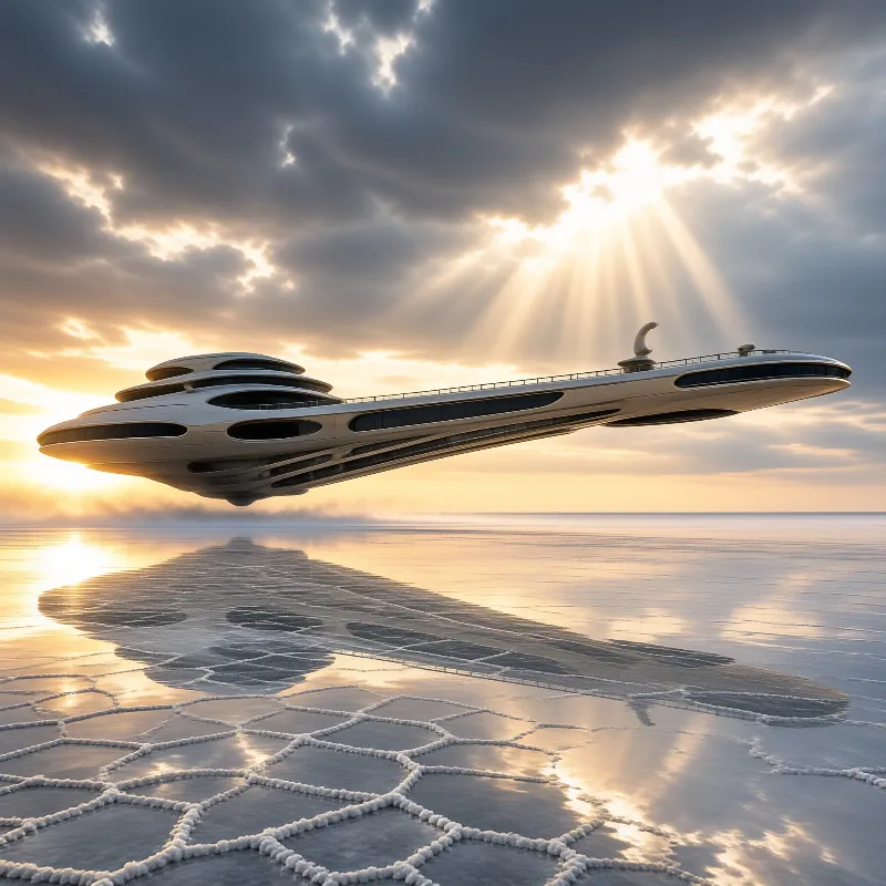 A sleek white vessel hovers above a cracked reflective surface while bright sun rays pierce through the clouds.