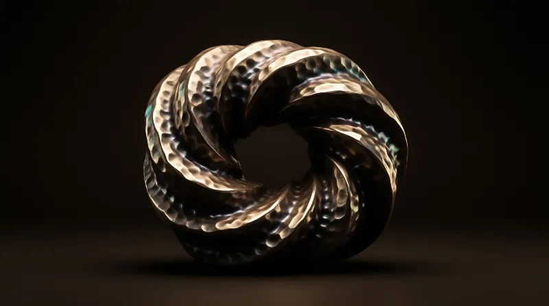 A polished hammered metal knot sculpture gleams under warm light against a deep black background.