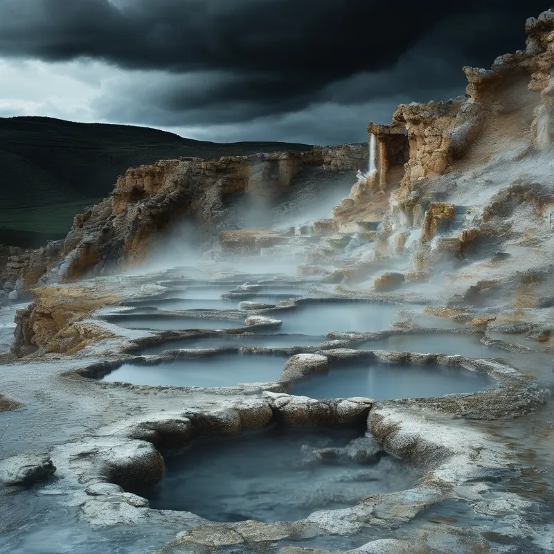 Water flows across tiered rock formations creating pools while steam rises beneath a dark and stormy sky.