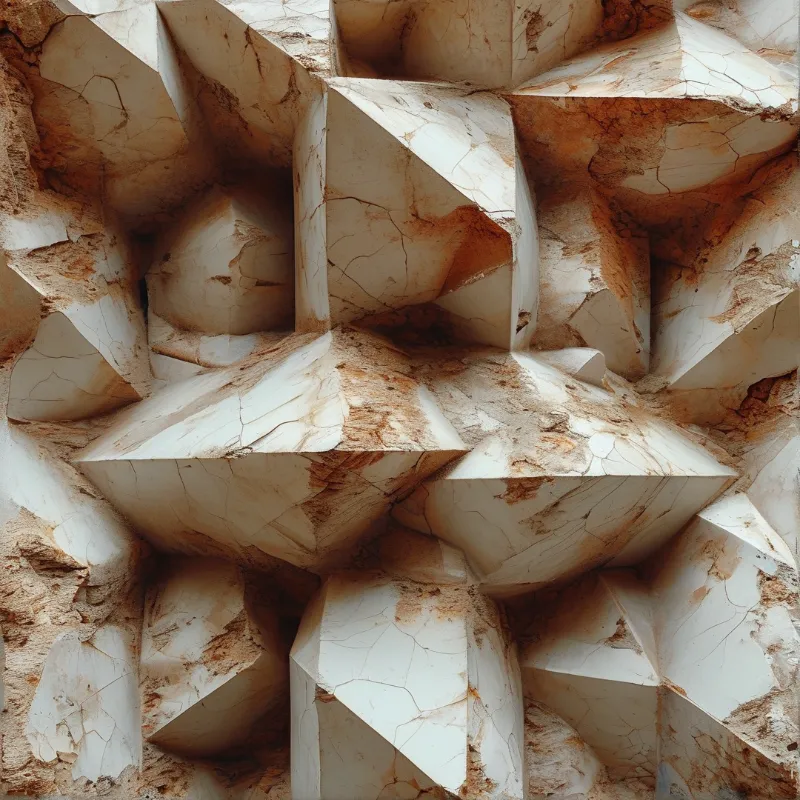 An abstract close-up of a geometric rock structure featuring sharp facets and brownish mineral deposits.
