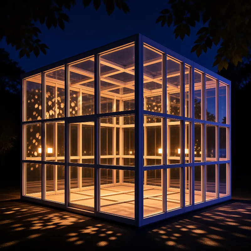 A modern glass pavilion radiates warm interior light at dusk, its blue frame casting dappled leaf shadows
