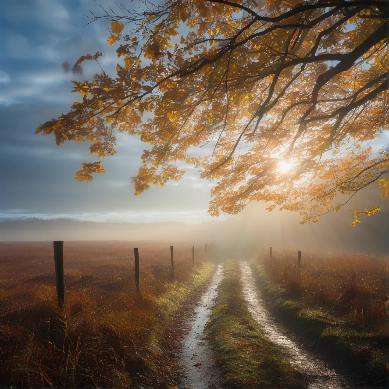 A wet rural track runs through misty autumn grassland, sunbeams filter through overhanging golden autumn tree leaves at the top of the frame.