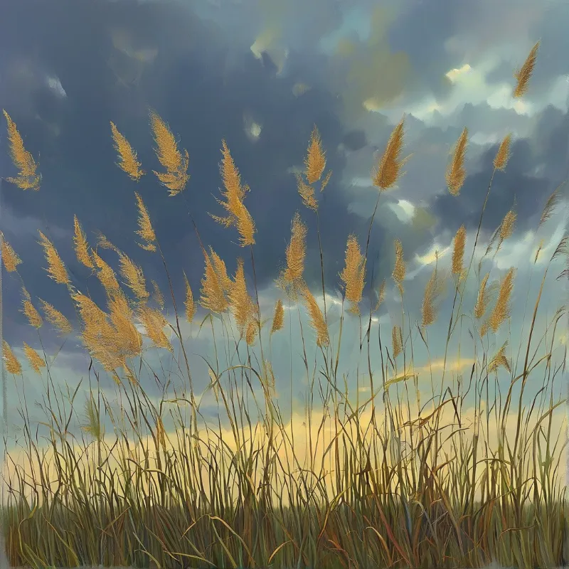 Golden Reeds and Cloudy Sky