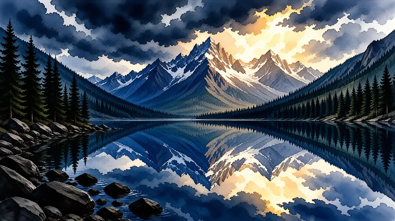 Snowy mountain peaks mirrored in a dark blue lake while golden sunlight breaks through heavy clouds above the treeline.