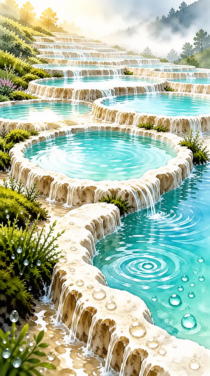 Turquoise terraced pools cascade down pale mineral rims amid greenery under soft misty mountain light.