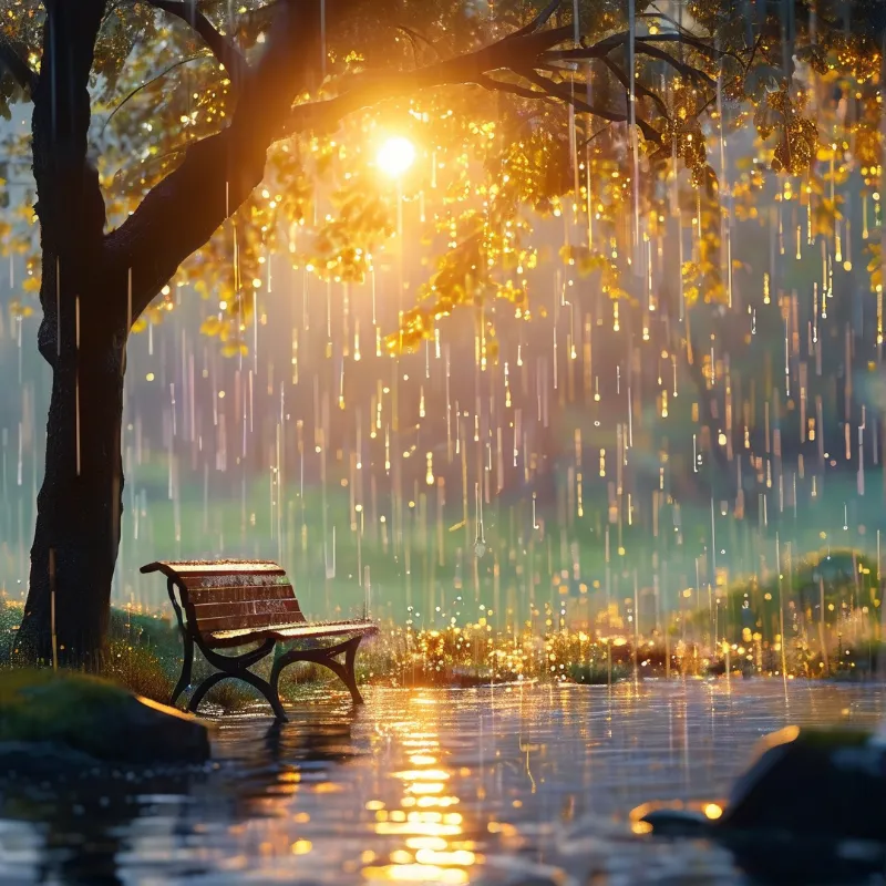 Sunlit Rainy Bench Scene