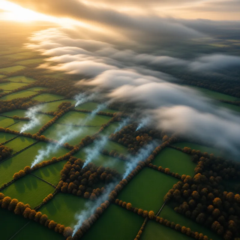 Golden sunlit mist drifts across emerald fields divided by hedgerows in an aerial view at dusk