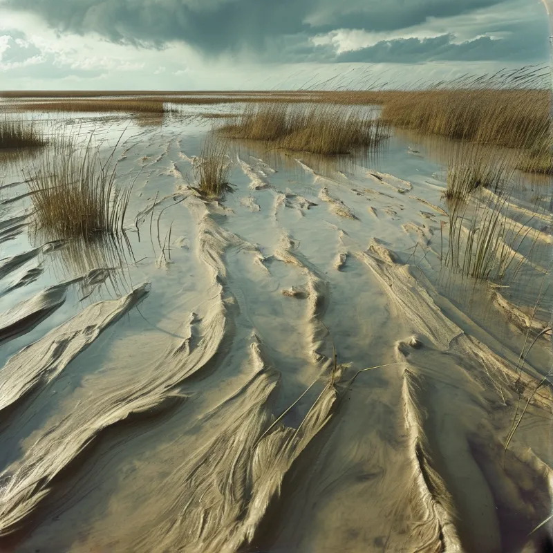 Wet mudflats with rippled textures and scattered grass clumps stretch toward a horizon beneath a cloudy sky.
