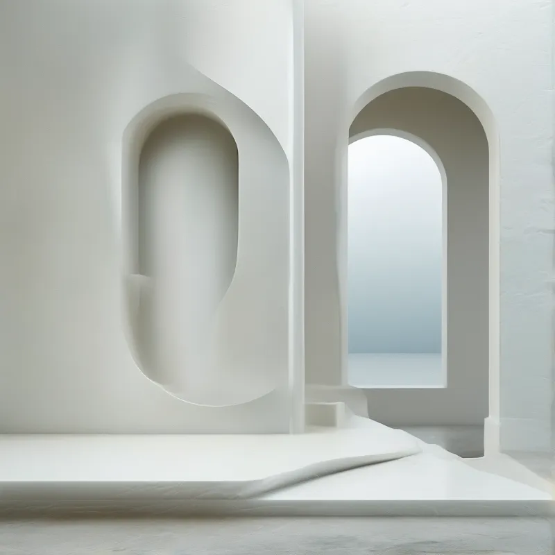 Minimalist white interior with a recessed niche beside an arched doorway revealing a soft blue space.