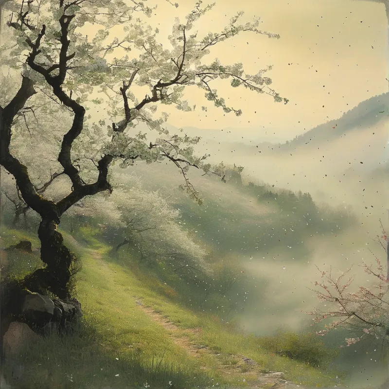 A flowering tree grows beside a winding grassy path that disappears into foggy mountain slopes under soft warm light.