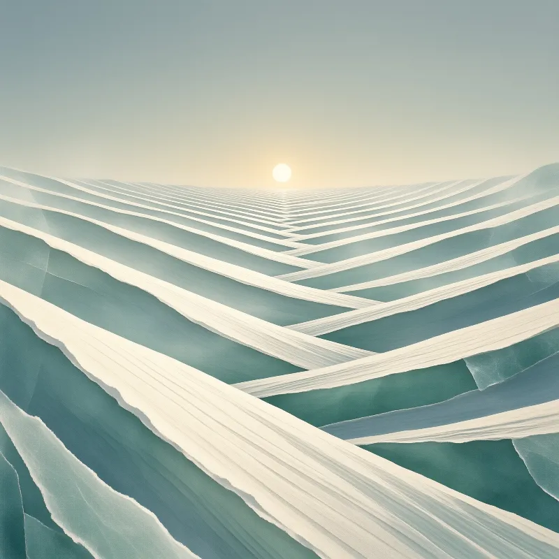 Winding white ridges of sand curve across the landscape under a soft glowing sun on the horizon.