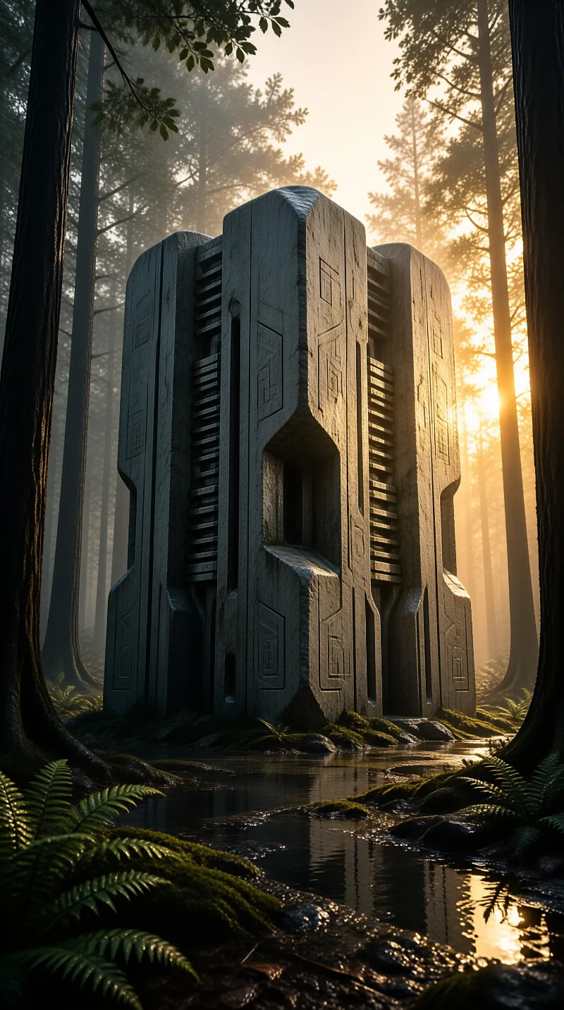 An ancient engraved stone pillar stands in a fern filled forest while golden light reflects in the stream below.