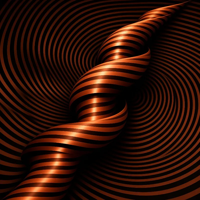 A helical banded bronze column spirals across a dark target of concentric circles, its ridges catching warm highlights.