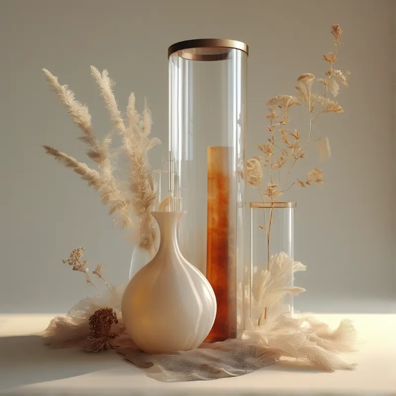 Neutral toned vessels and a brass rimmed tube of amber liquid sit among pale pampas plumes in soft daylight.