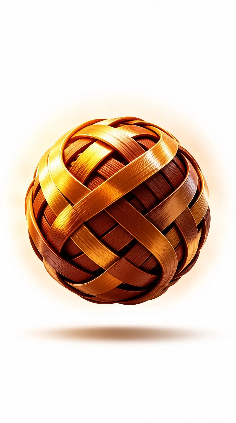 A round woven ball made of copper colored strips with bright golden highlights against a white background and a soft shadow below.